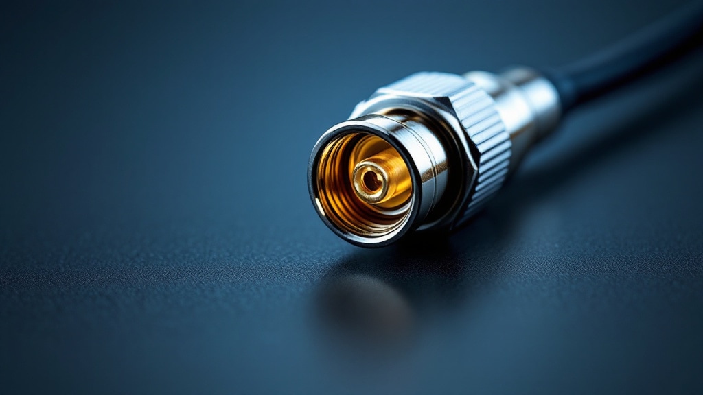 Close-up of an SMA RF coaxial connector with gold-plated center pin and threaded coupling nut terminated on a coax cable