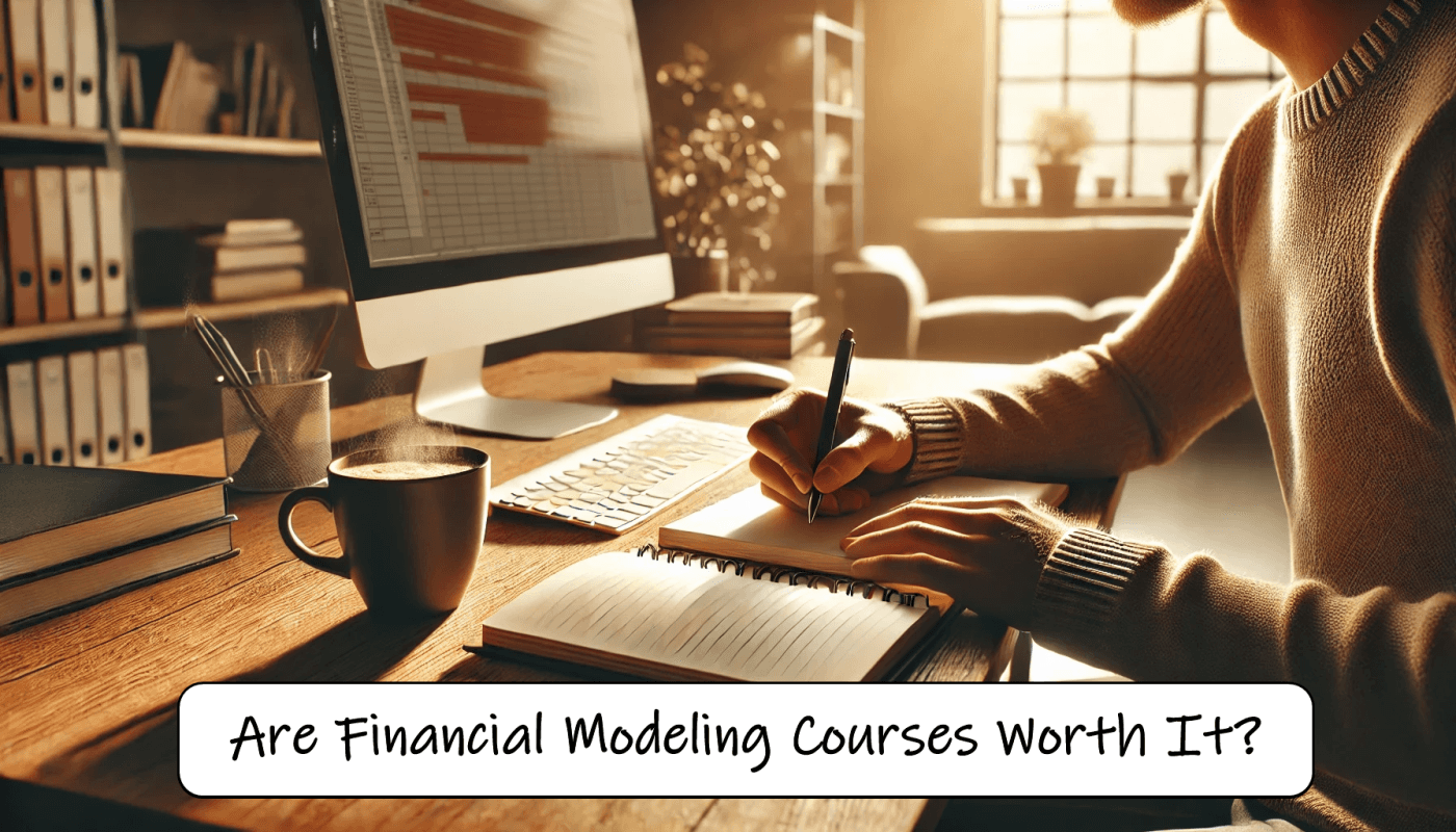 A person taking notes during at a desk while a financial modeling course is shown on screen.