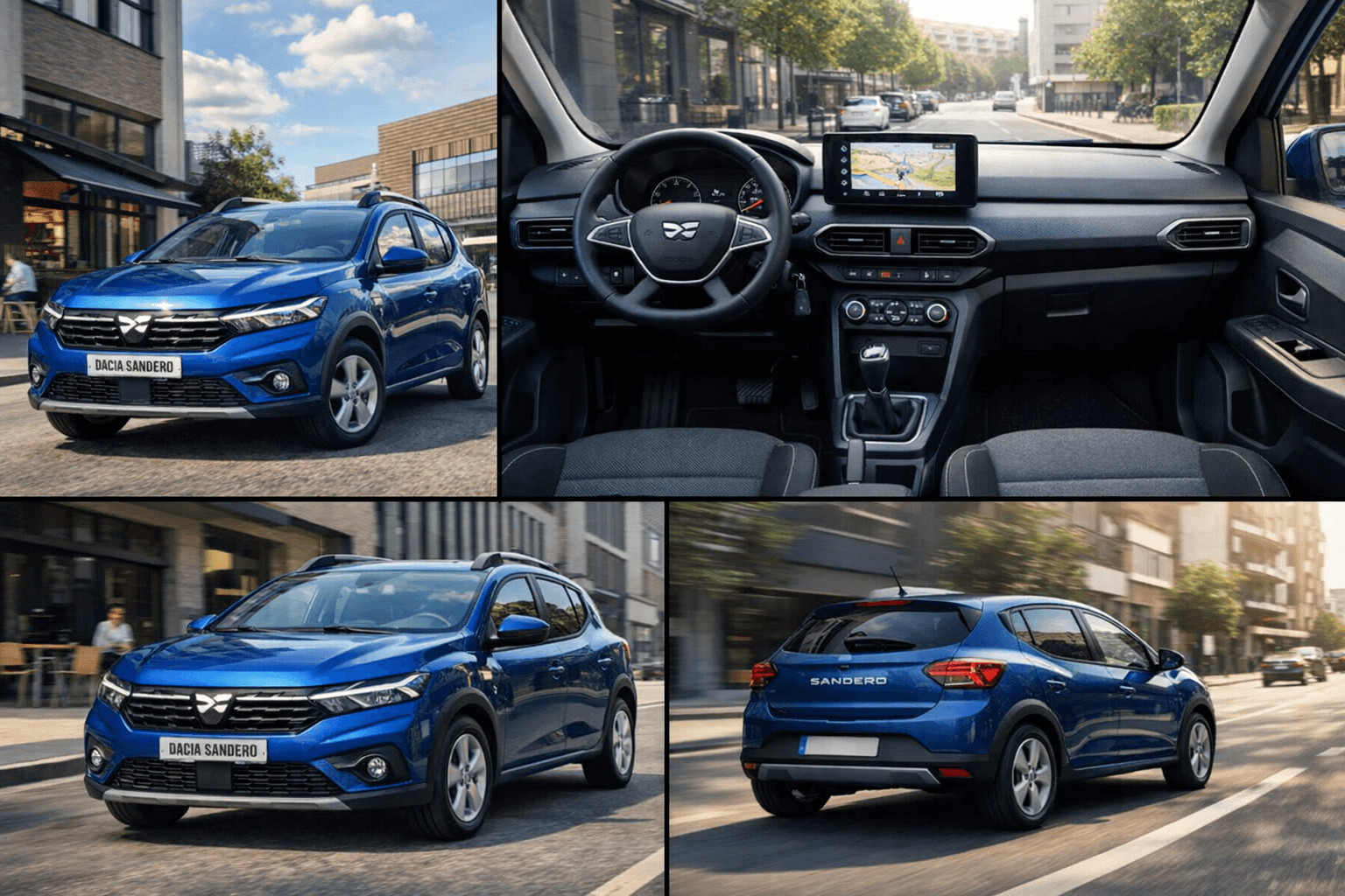 Dacia Sandero moderno circulando por ciudad, coche económico y fiable con excelente relación calidad-precio para nuevos conductores