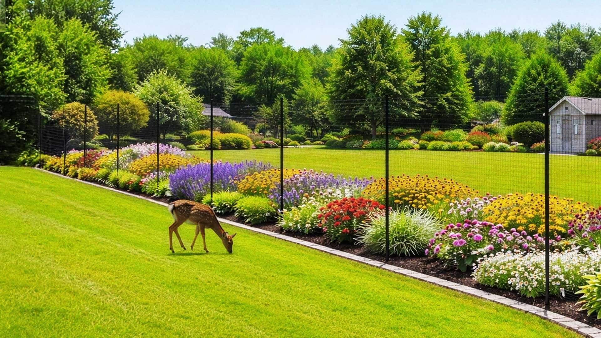 Deer fence protecting a pollinator garden from deer in a landscaped backyard with flower beds and perimeter fencing.