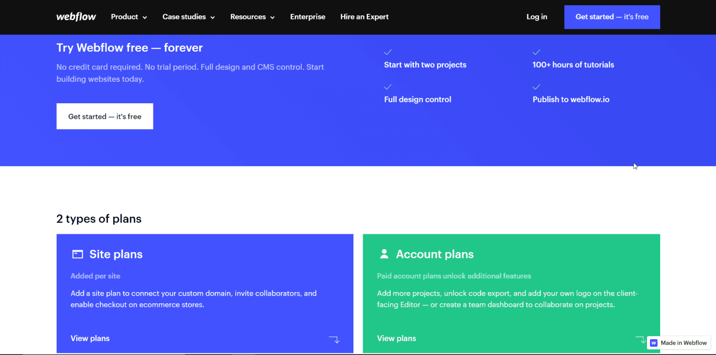 Webflow's pricing plans