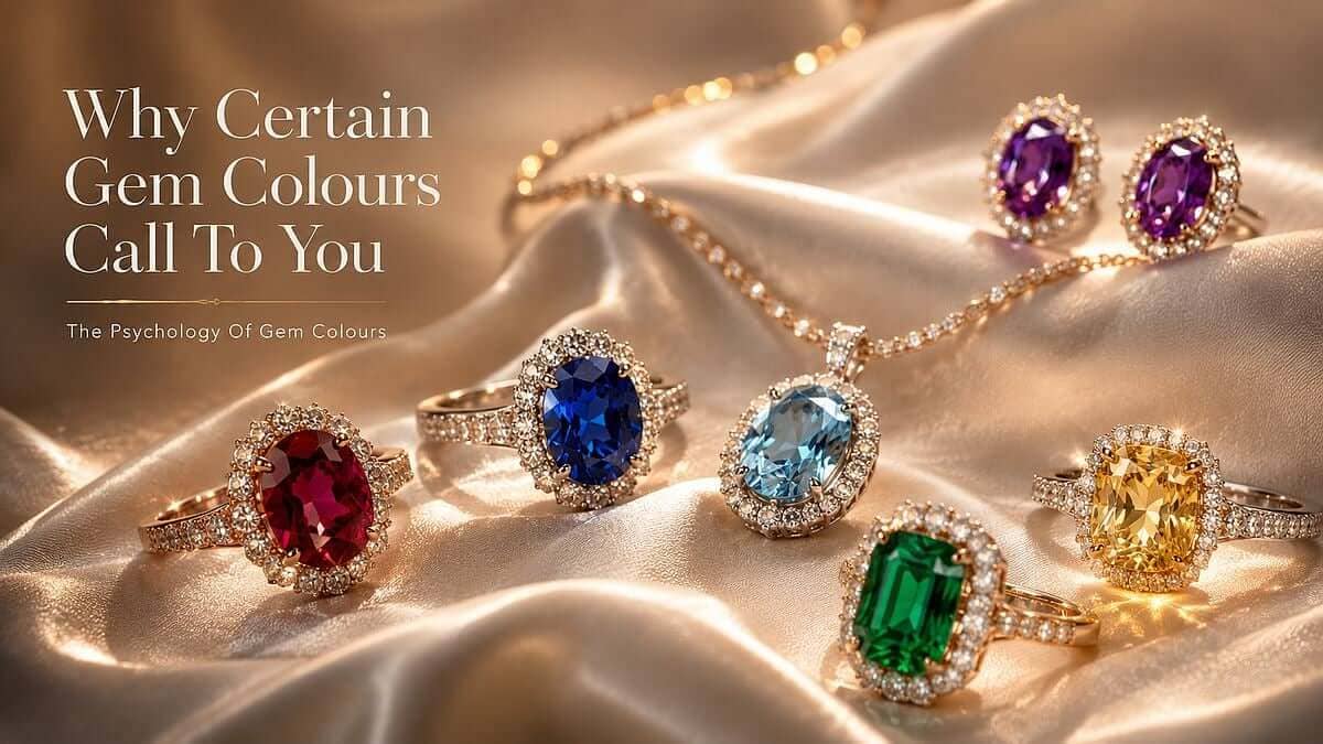 Gem colours: Ruby, sapphire, emerald, aquamarine, yellow and purple gemstone jewellery with diamond accents on champagne satin.