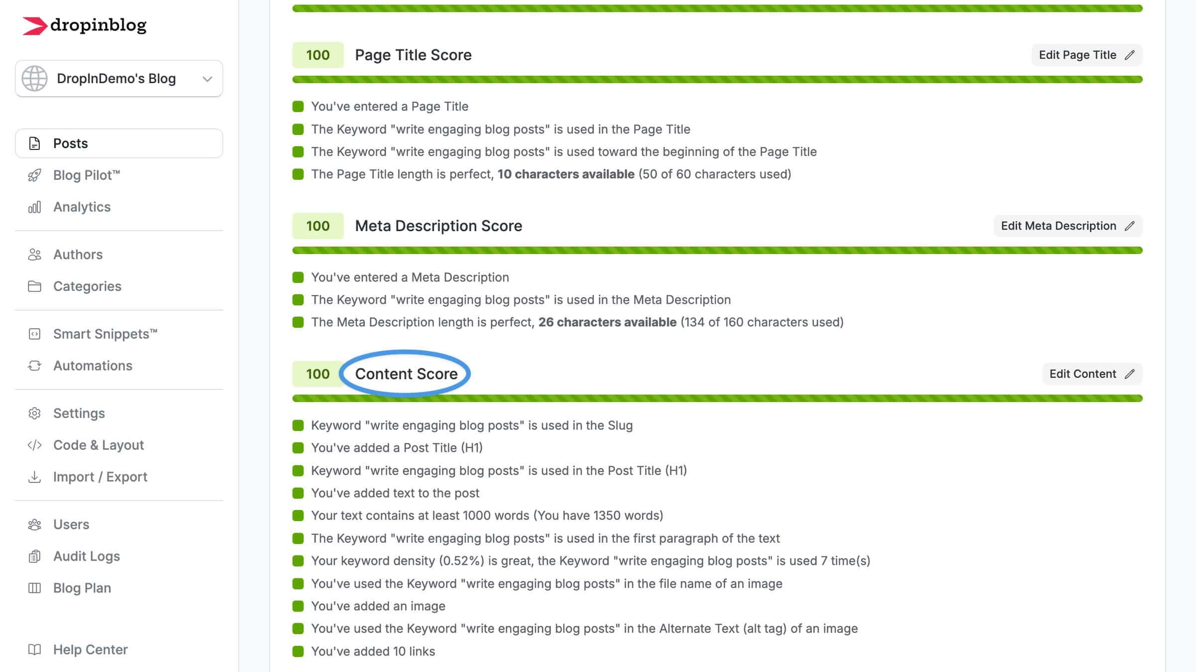The SEO Analyzer: Content score overview