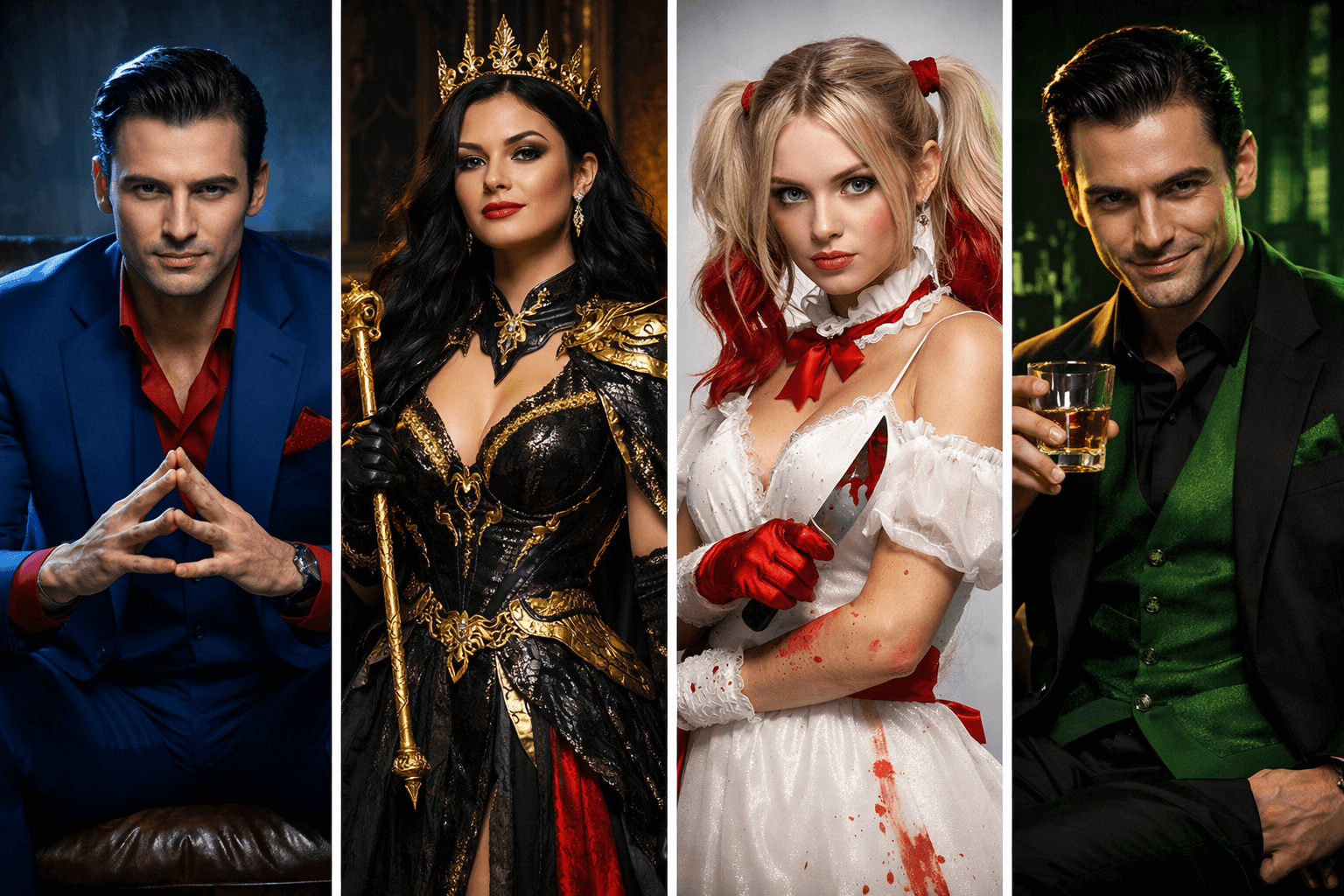 Four mystery party characters that are wearing powerful color combos for their costumes.