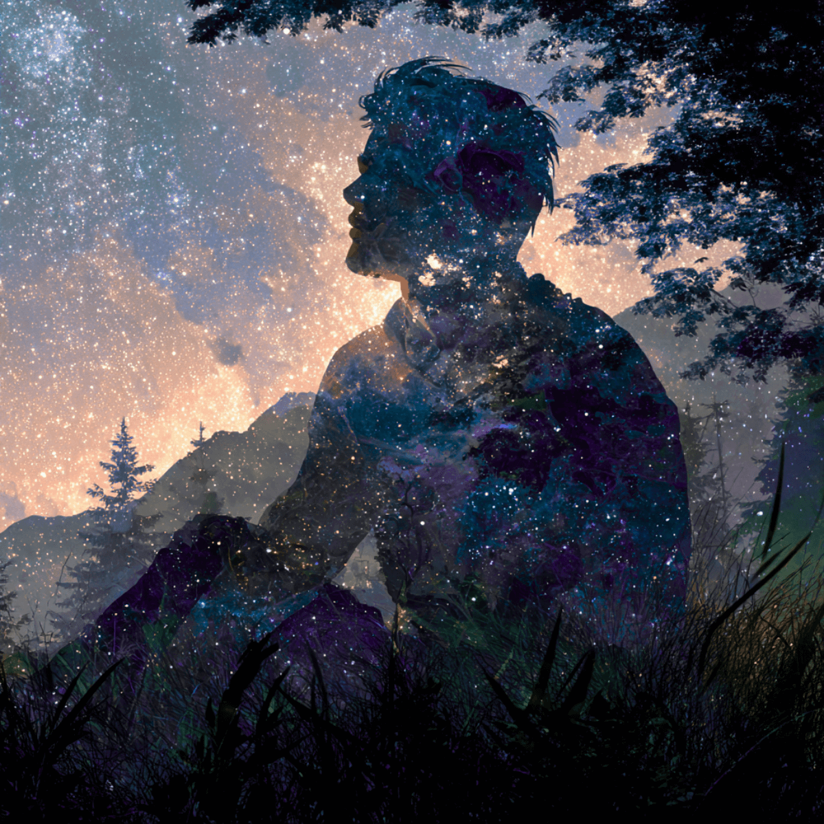 Silhouette of a man filled with stars and galaxies, sitting in grass at twilight—nature and cosmos merge in a serene scene of expanding into infinity.