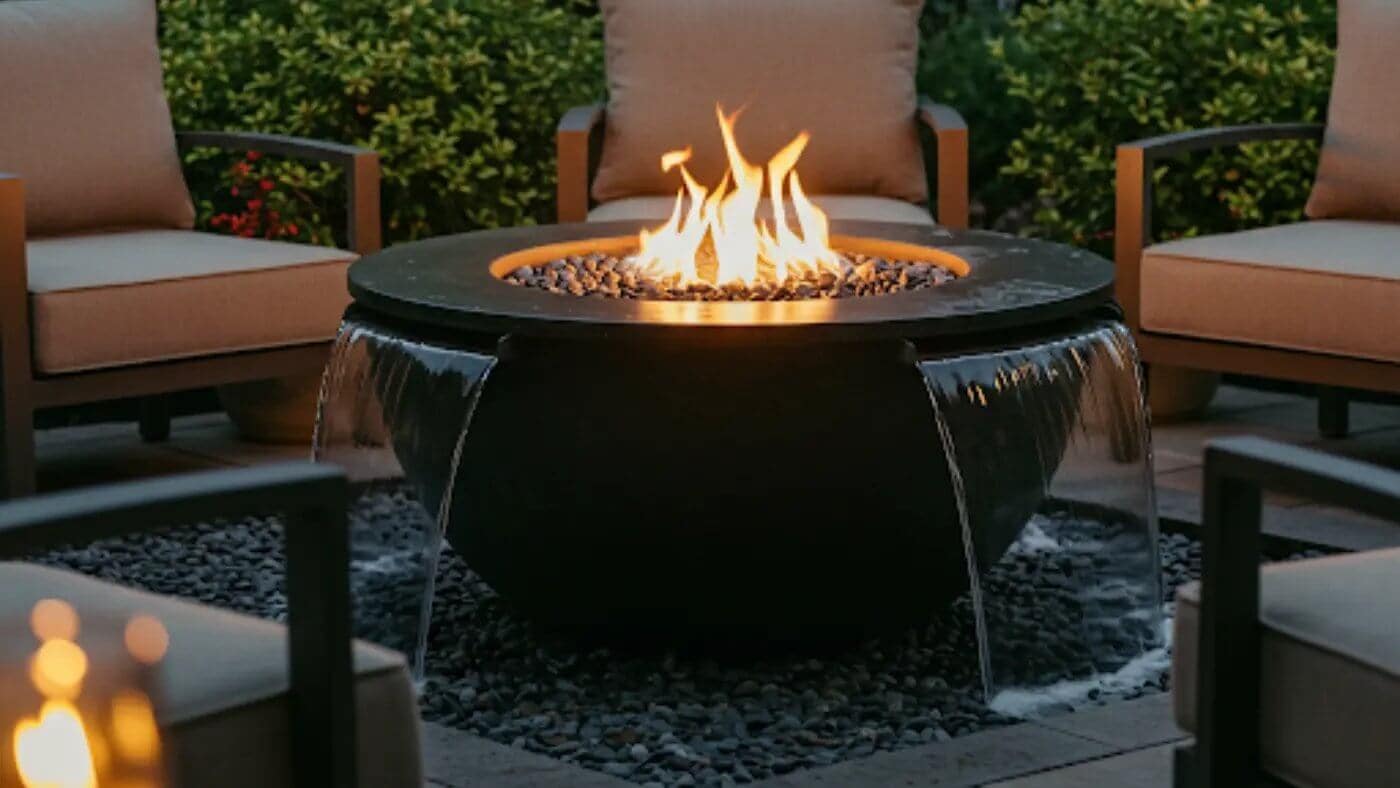 A modern backyard patio features a round, dark stone fire pit with a gas flame. Water cascades down the sides of the fire pit into a shallow basin, illustrating its integrated water feature. Comfortable seating surrounds the fire pit.