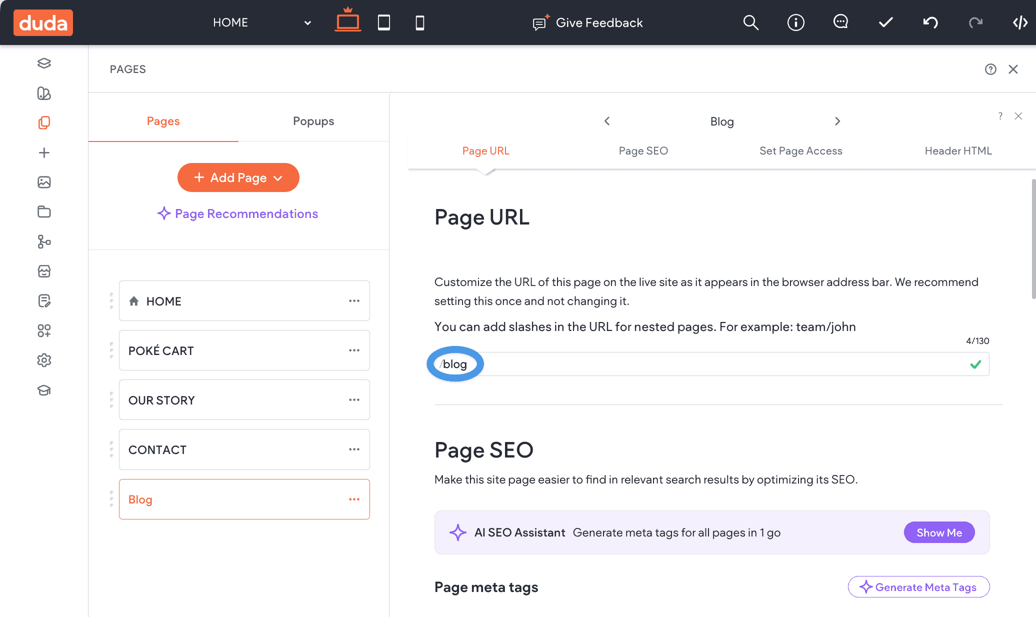 Edit page URL field in Duda