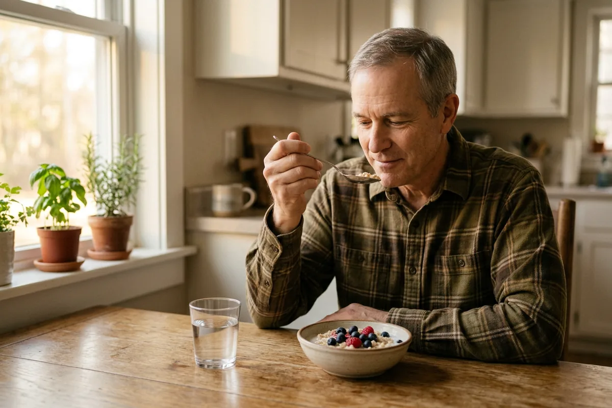 Man in his late fifties eating a bowl of oatmeal with berries at his kitchen table