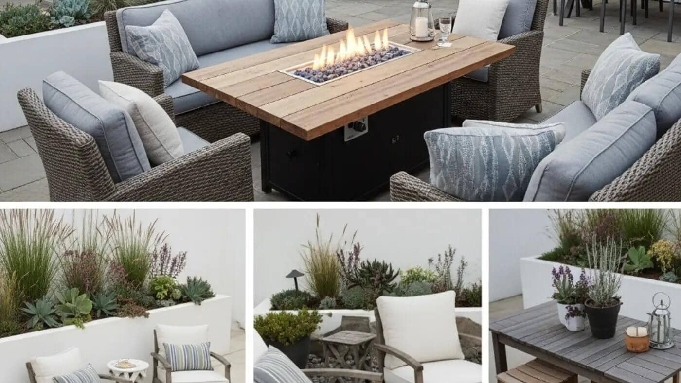 "A collage showing various outdoor patio living spaces. The largest image at the top features a white modern house with string lights overhead, leading to a patio with a rectangular wooden fire pit table surrounded by gray wicker sofas and chairs. To the right is an outdoor dining set. 