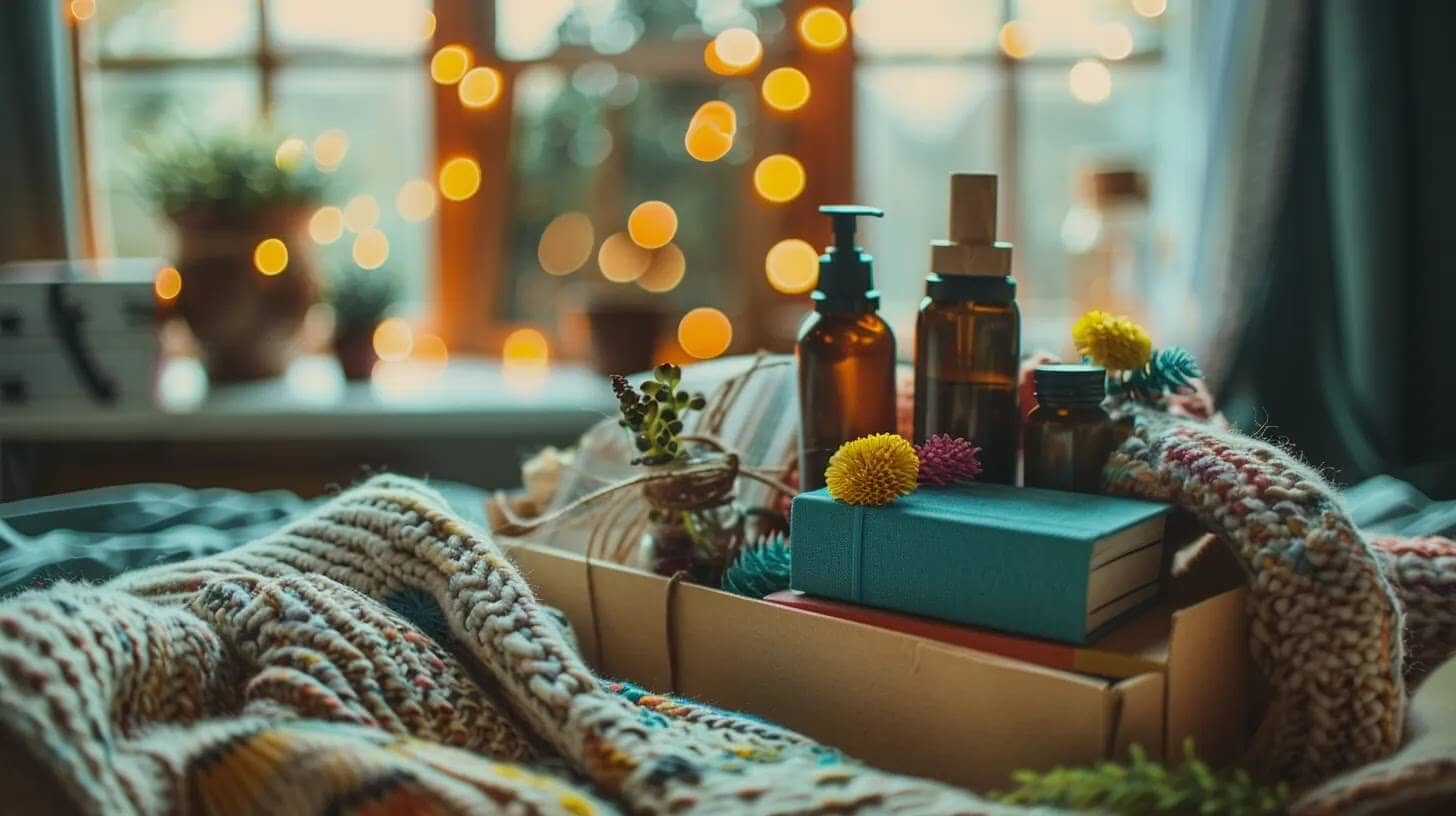 a cozy college care package overflowing with vibrant stress-relief essentials, including soothing aromatherapy bottles, colorful journals, and inviting books, set against a warm, softly lit background that invites relaxation and self-care.