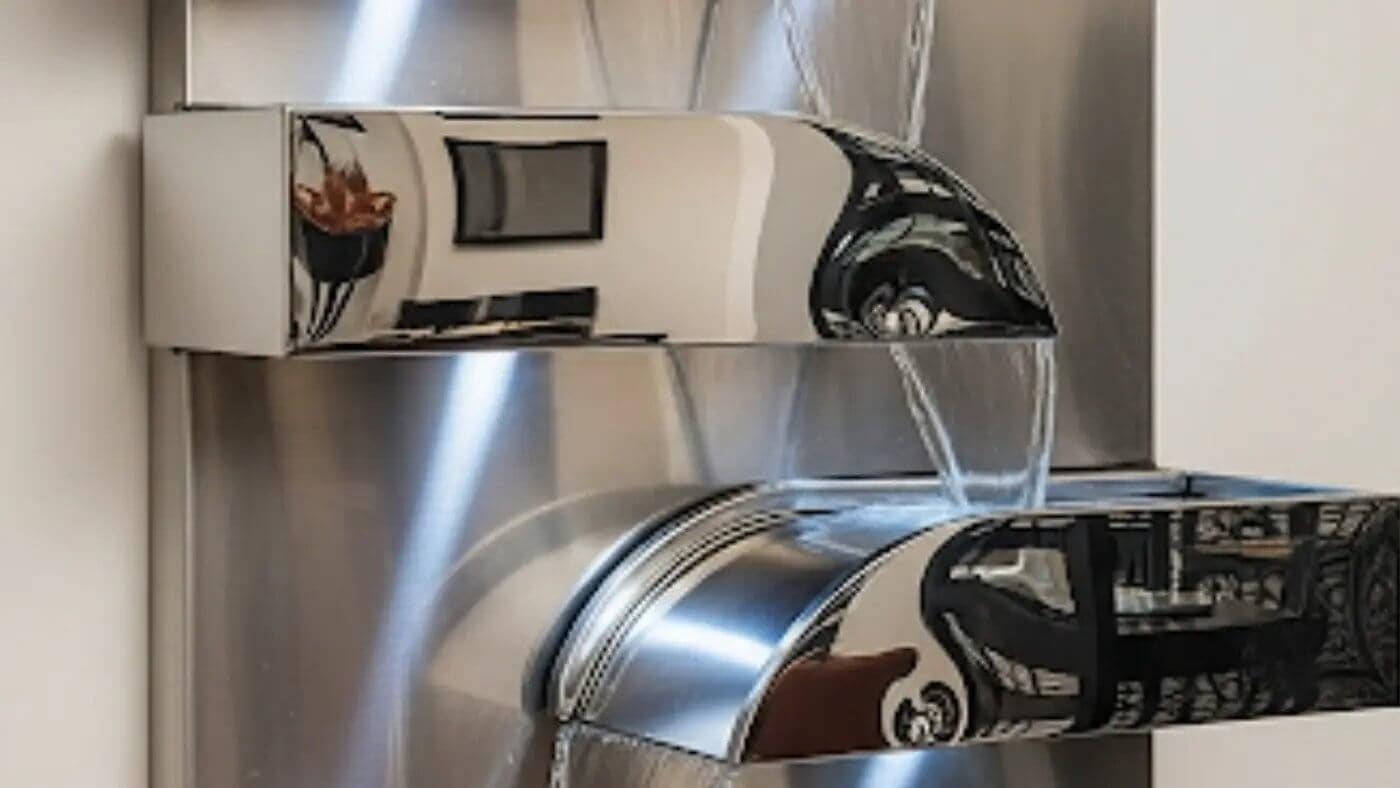 A striking indoor wall fountain made of stainless steel with a tiered, futuristic design. Its highly reflective surface mirrors the room, creating a dynamic, art-like centerpiece.