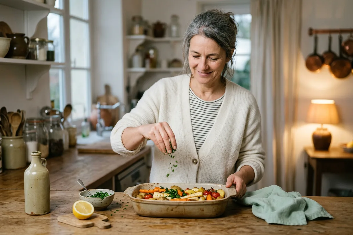 Femme qui parsème des herbes fraîches sur un plat de légumes au lieu de le saler