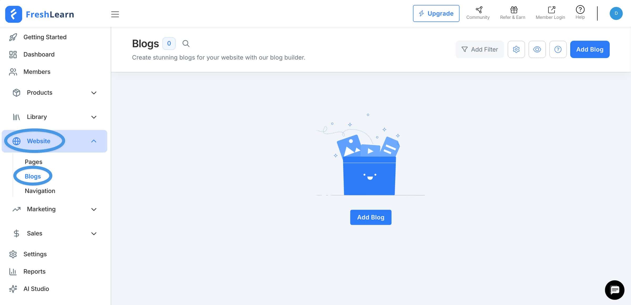Accessing the blog page in FreshLearn