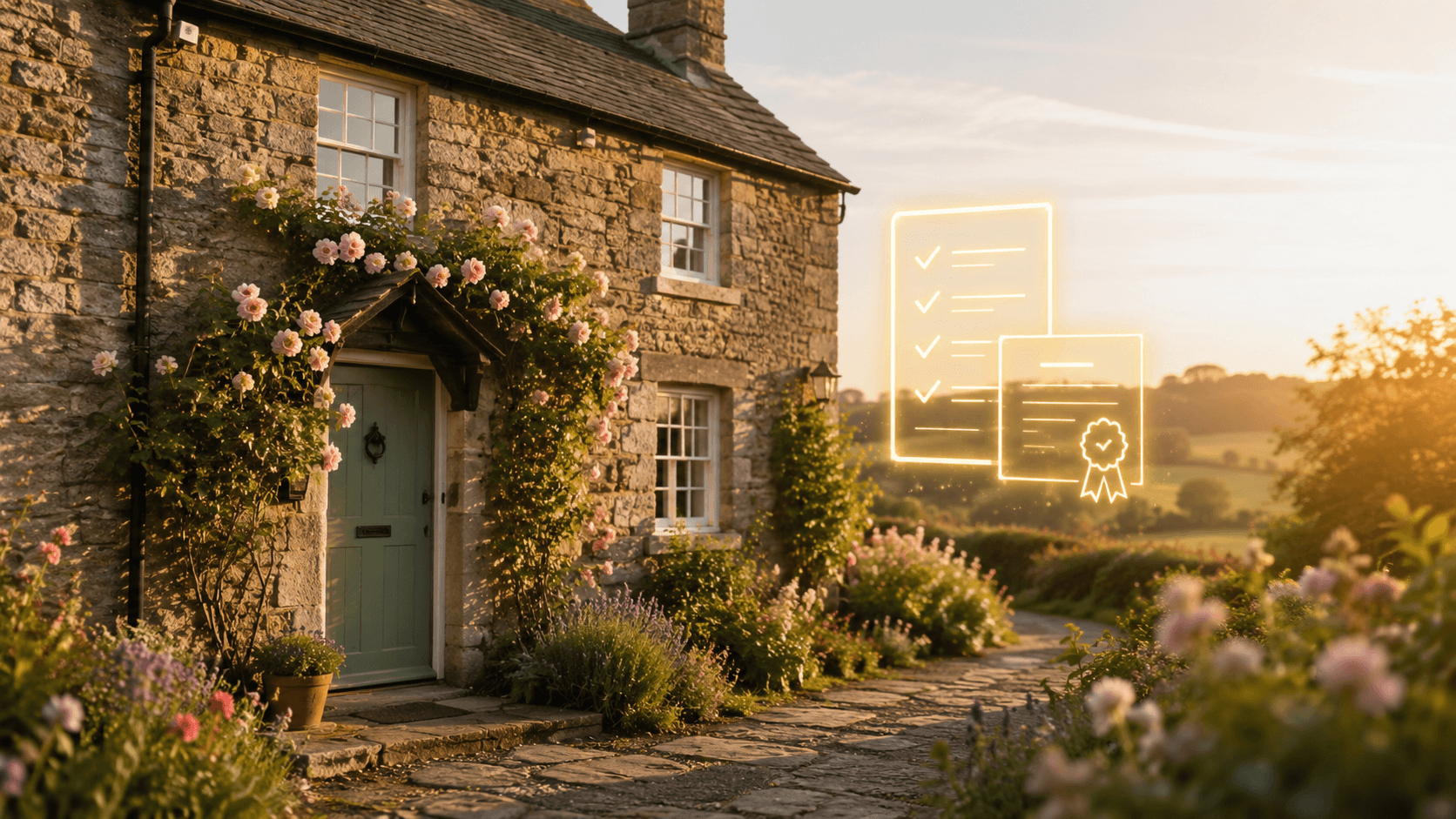 English holiday cottage with digital compliance checklist overlay representing the short-term let registration scheme