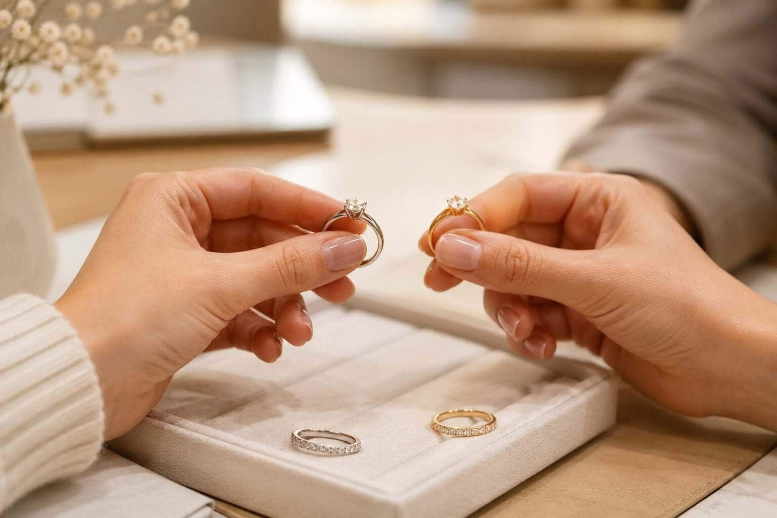 a person comparing a platinum diamond ring and a yellow gold diamond ring at a calm consultation table. Focus on hands, rings and a neutral jewellery tray.