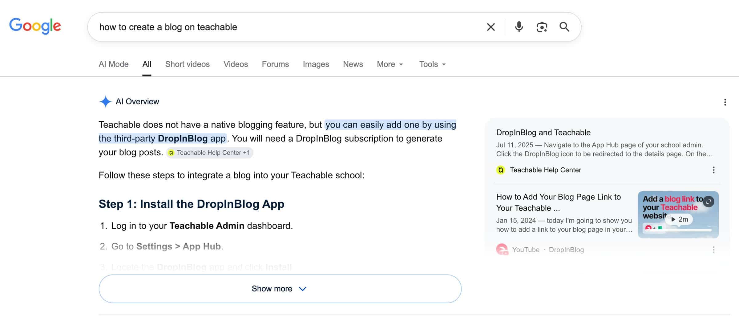 AI Overview for the query: how to create a blog on Teachable