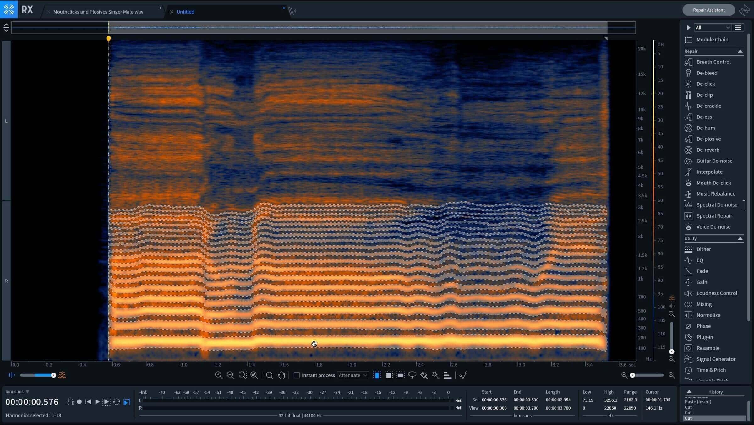 Select the fundamental frequency and then press shift and click again to have RX estimate where the rest of the harmonics are for selection