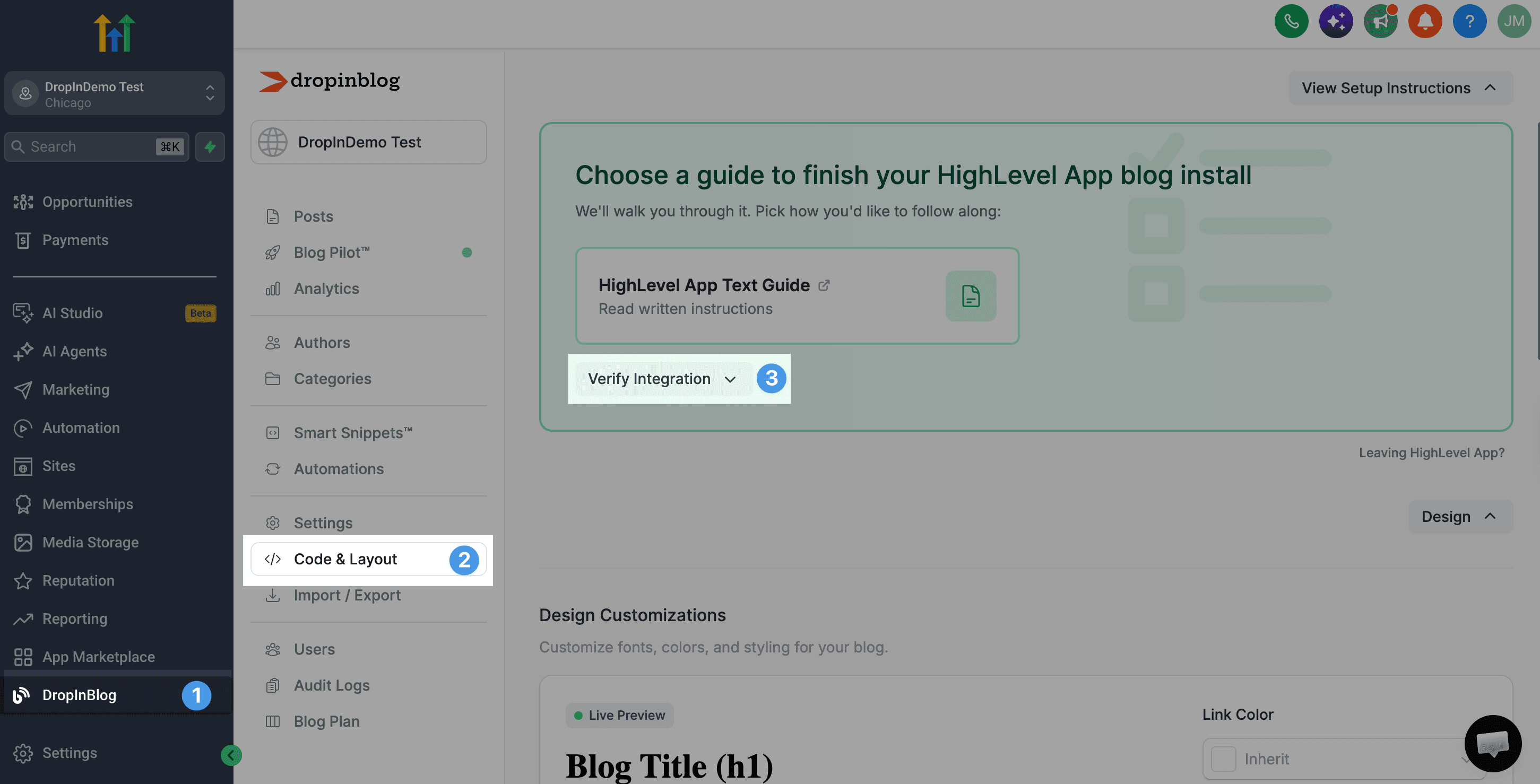 HighLevel blog install step