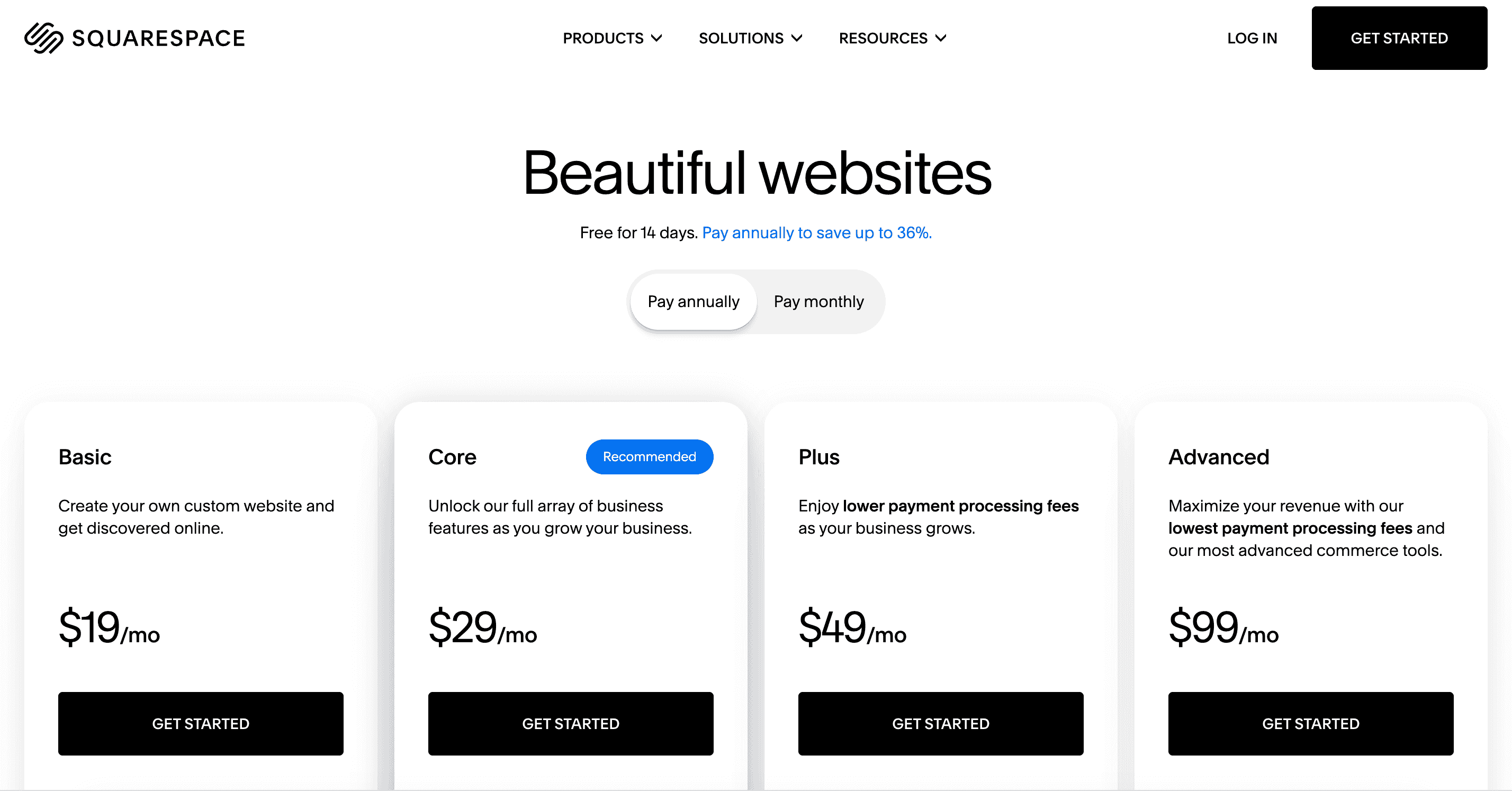 Shopify vs Squarespace: Squarespace pricing yearly