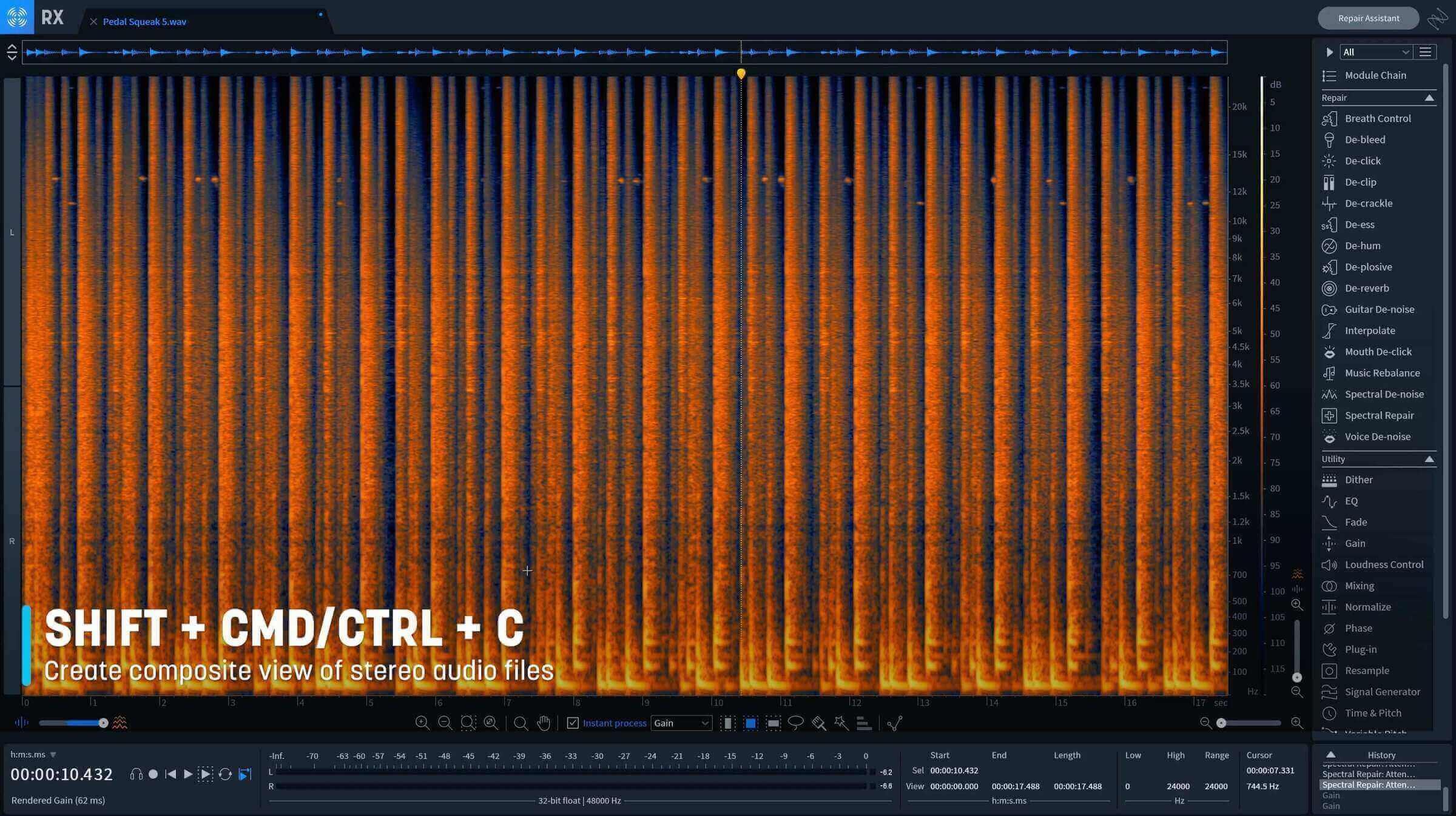 Create a composite view of stereo tracks in RX using keyboard shortcuts