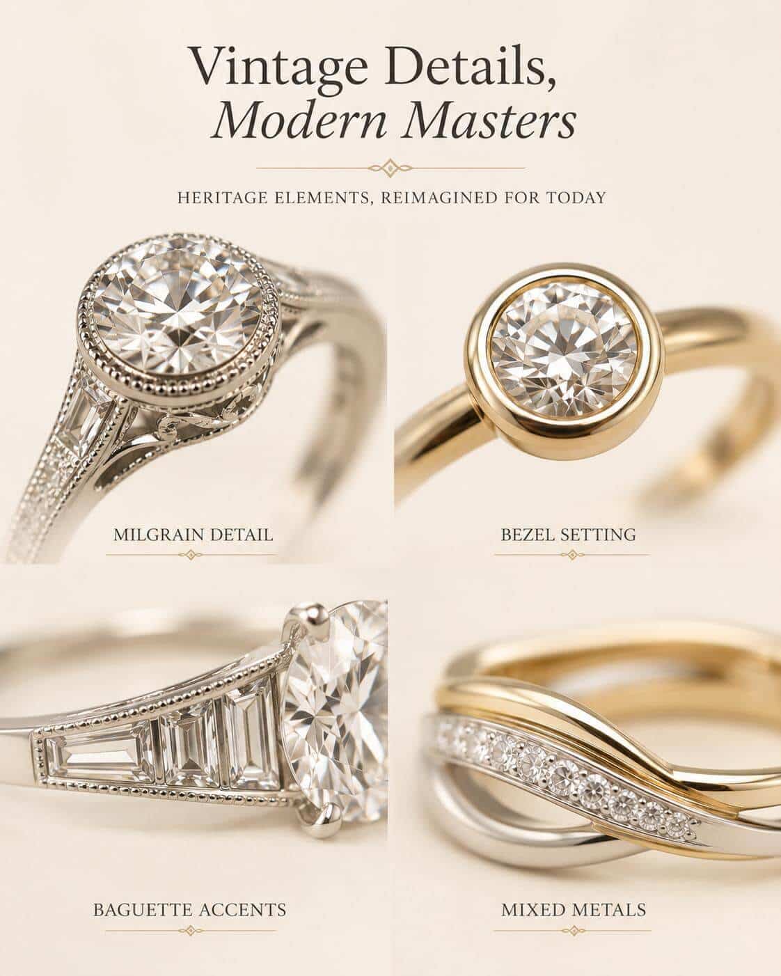 Visual guide to vintage-inspired jewellery details including milgrain, bezel setting, baguette accents and mixed metals.