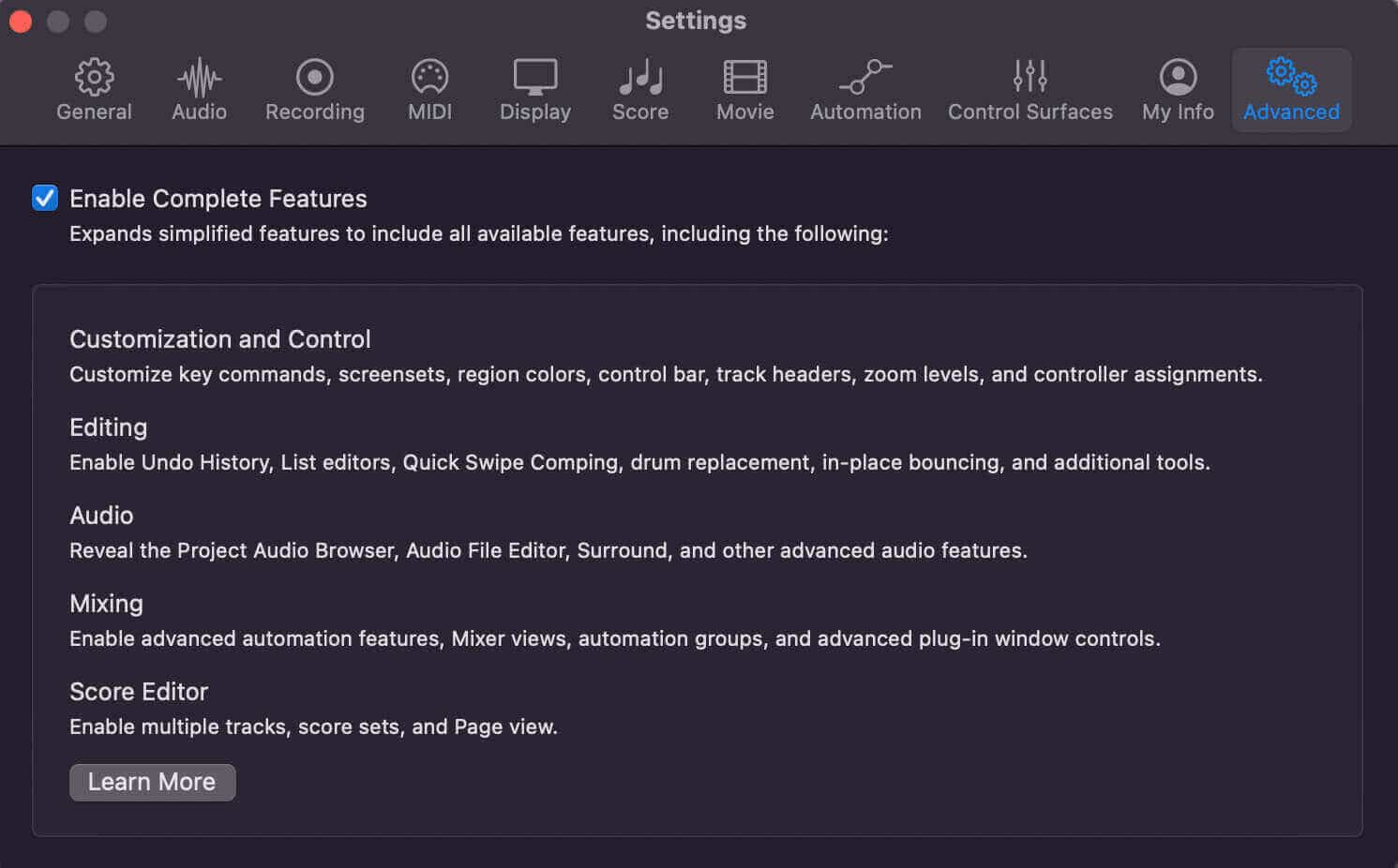 Logic settings advanced tab