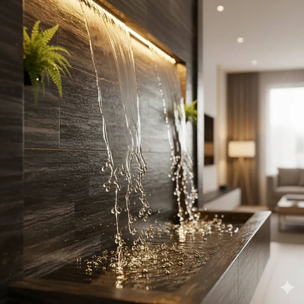 A luxurious and modern indoor wall fountain featuring a dark, textured surface with a dramatic, illuminated cascade of water, creating a stunning and serene centerpiece in a contemporary living space.