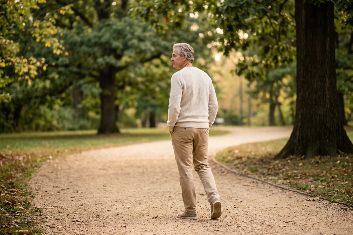 Man in his early sixties walking slowly on a quiet park path in the morning, a few weeks after surgery