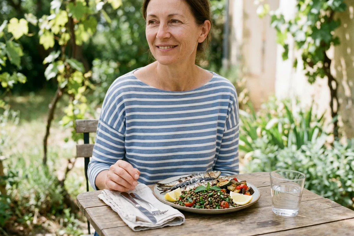 Femme d'une cinquantaine d'années en terrasse devant des sardines grillées, des lentilles et des légumes