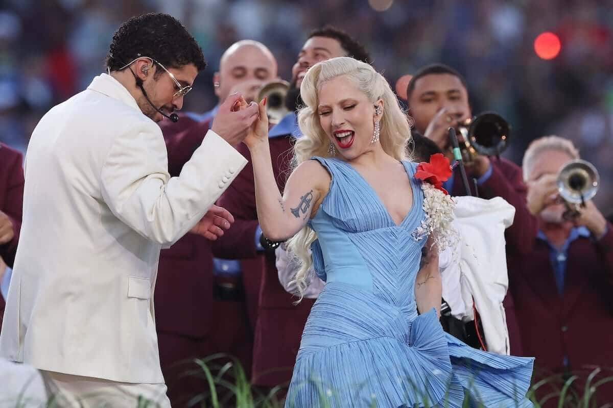 Bad Bunny and Lady Gaga perform onstage during the Apple Music Super Bowl LX Halftime Show. (Credit: Kevin C. Cox/Getty Images)