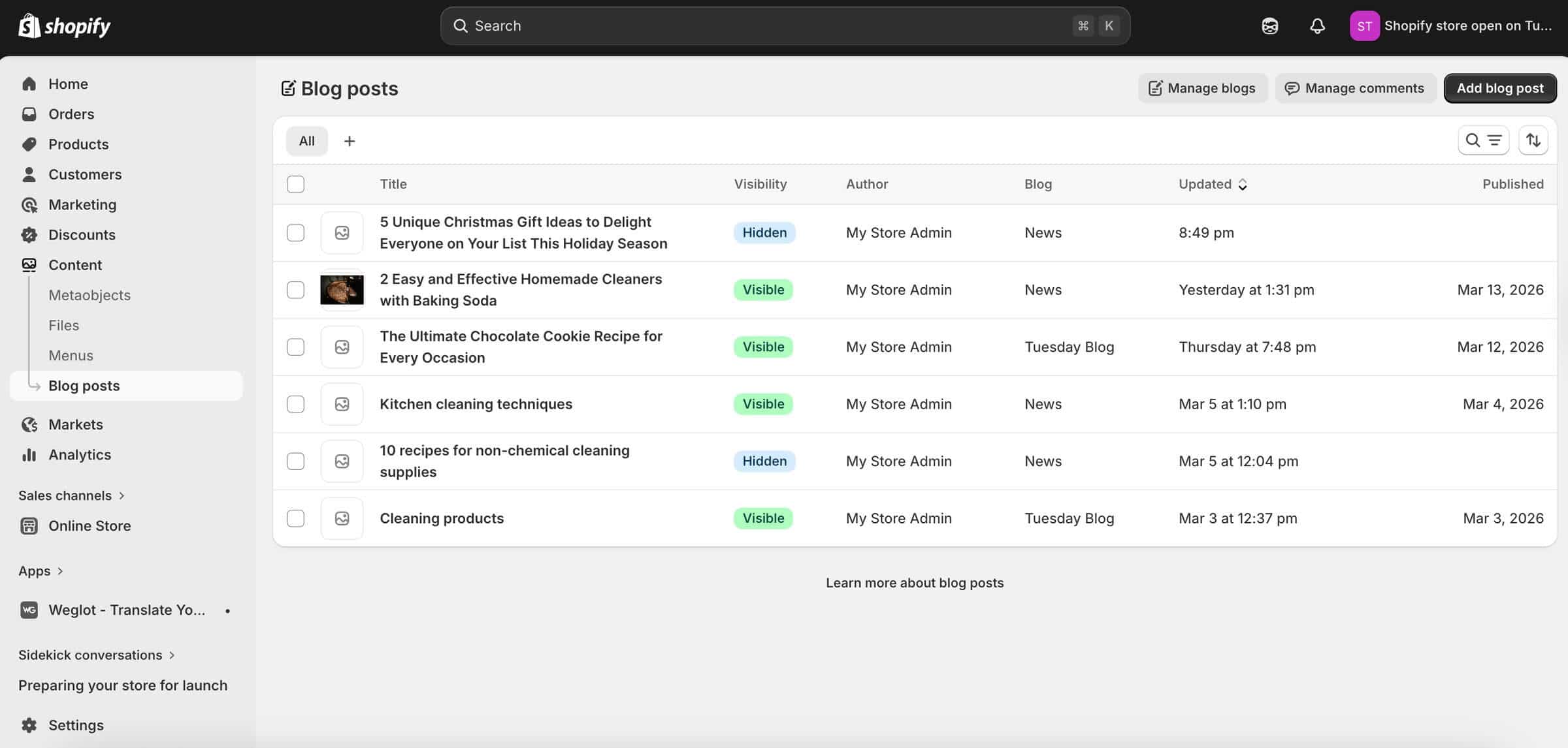 Shopify's native blog editor