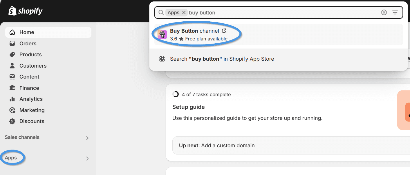 Locating Buy button in Shopify's admin panel