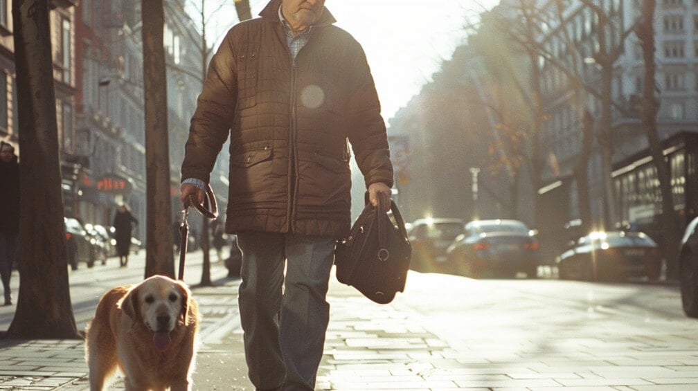 Dog Walking Down a City Street on Leash with Human