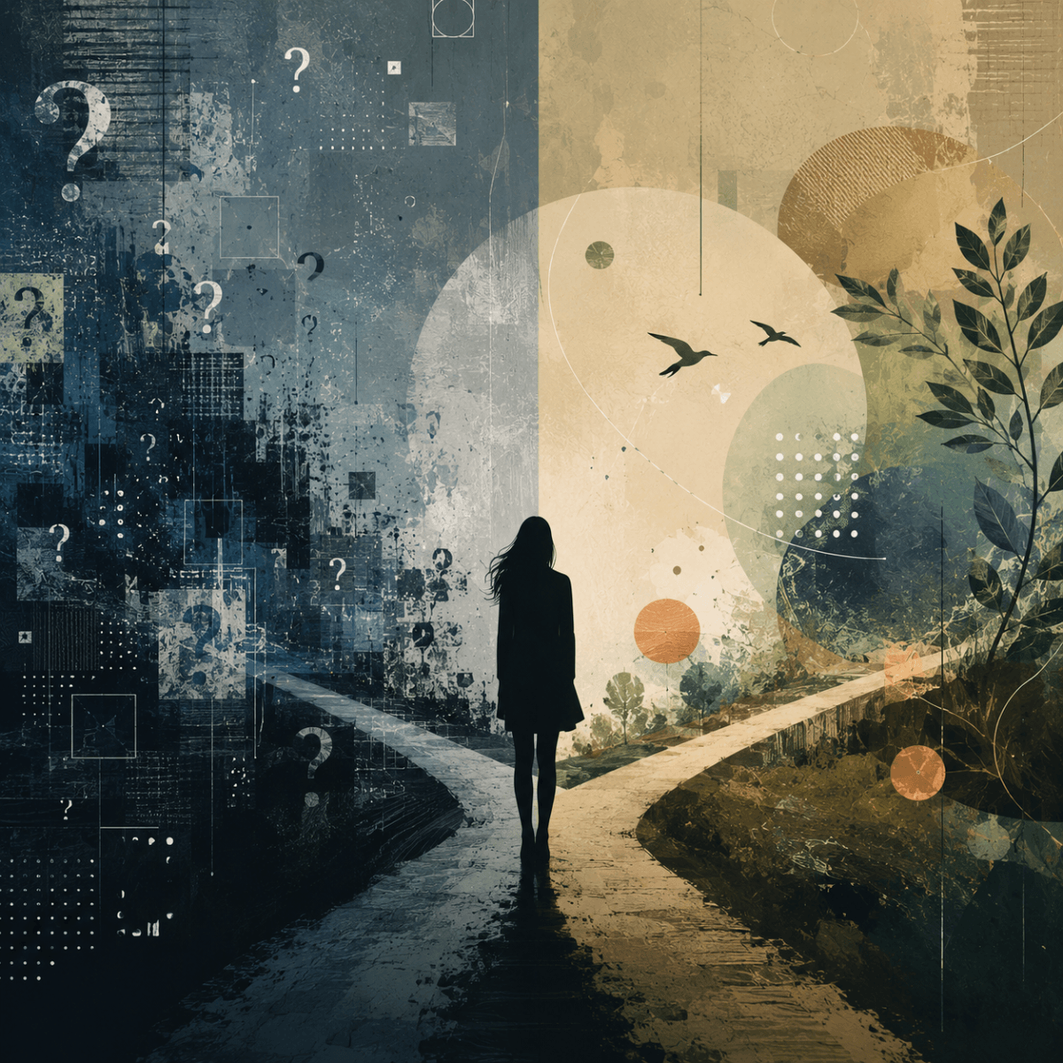 Questioning reality abstract illustration with a gender-neutral silhouette between uncertainty and awareness.