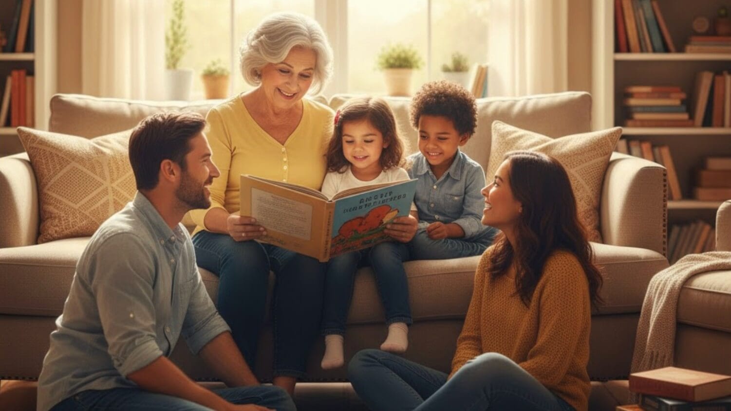 Family Literacy Day: family reading together on sofa