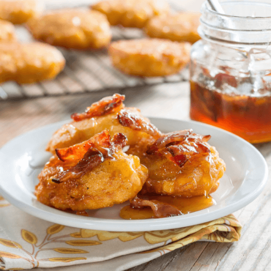 Double Corn and Honey Fritters with Honey Bacon Drizzle