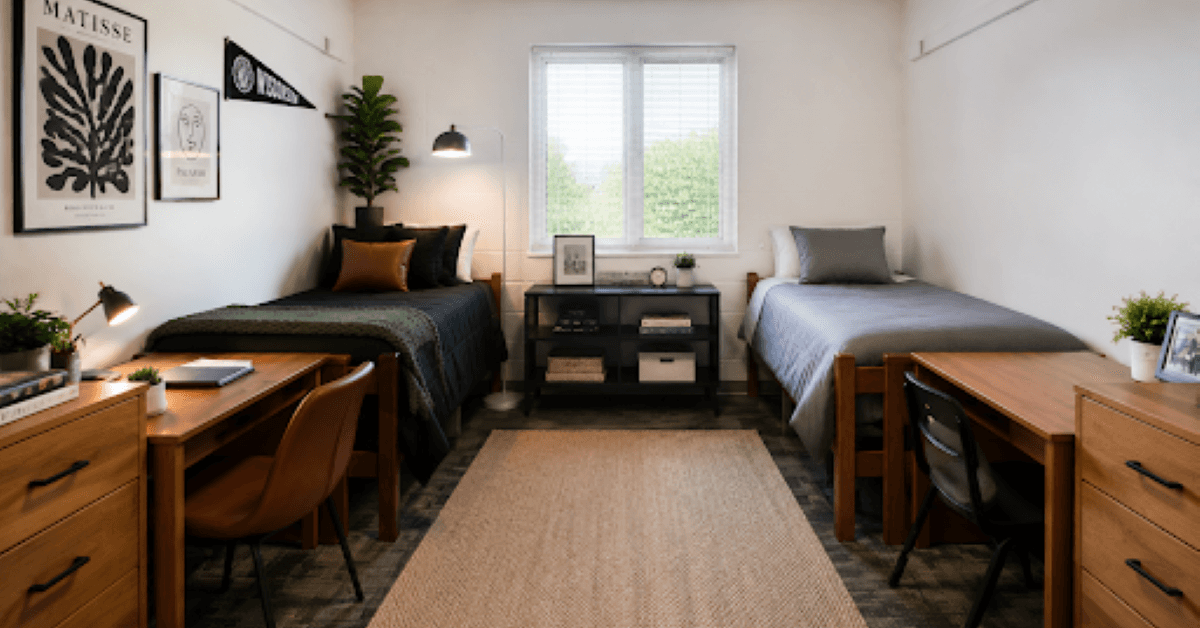 Trendy and clean dorm room decor idea for guys with earthy tones, wall art, and fake plants