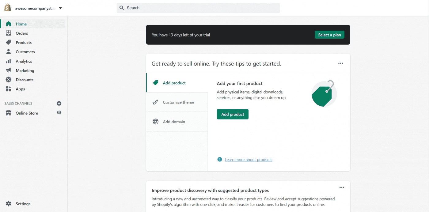 Shopify dashboard