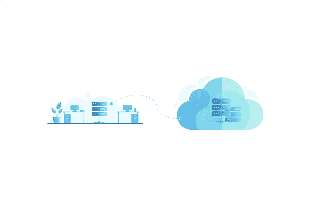 Illustration comparing on-premises servers with cloud infrastructure in a hybrid setup