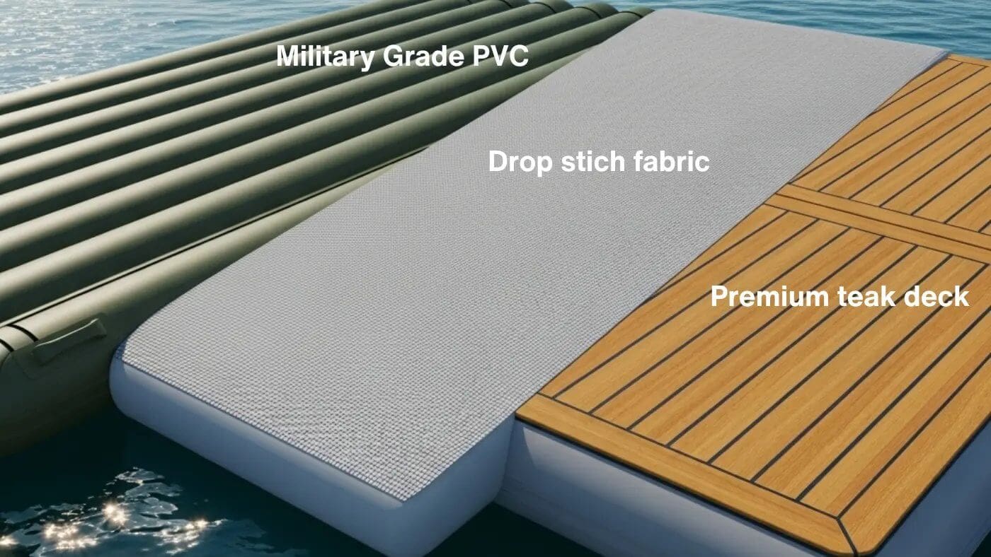 A close-up view of an inflatable dock showcasing three different material sections: a green, ribbed PVC tube; a flat, gray, textured drop-stitch surface; and a brown, premium teak-look deck with black seams.