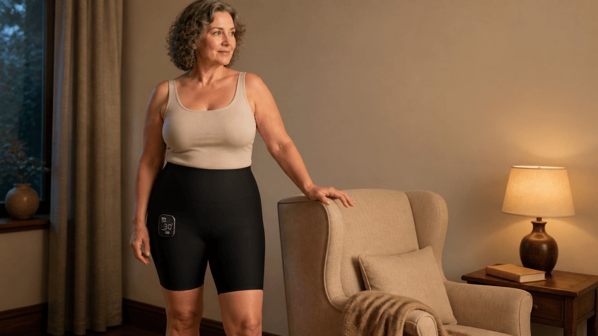 Woman wearing INIA CURVIFY EMS toning shorts during an at-home routine