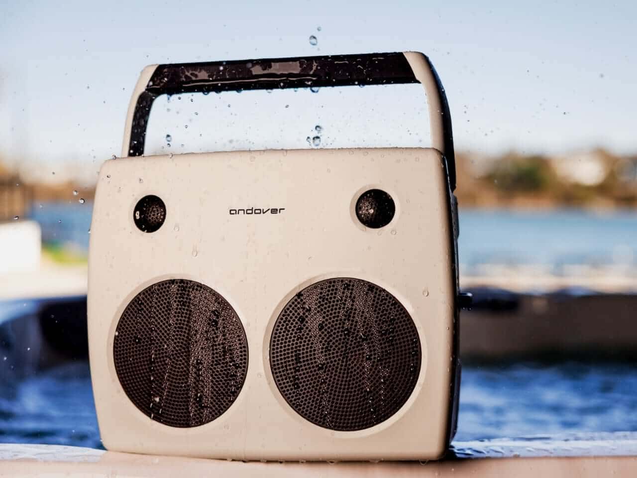 Andover FreePlay speaker with its fold-down carrying handle