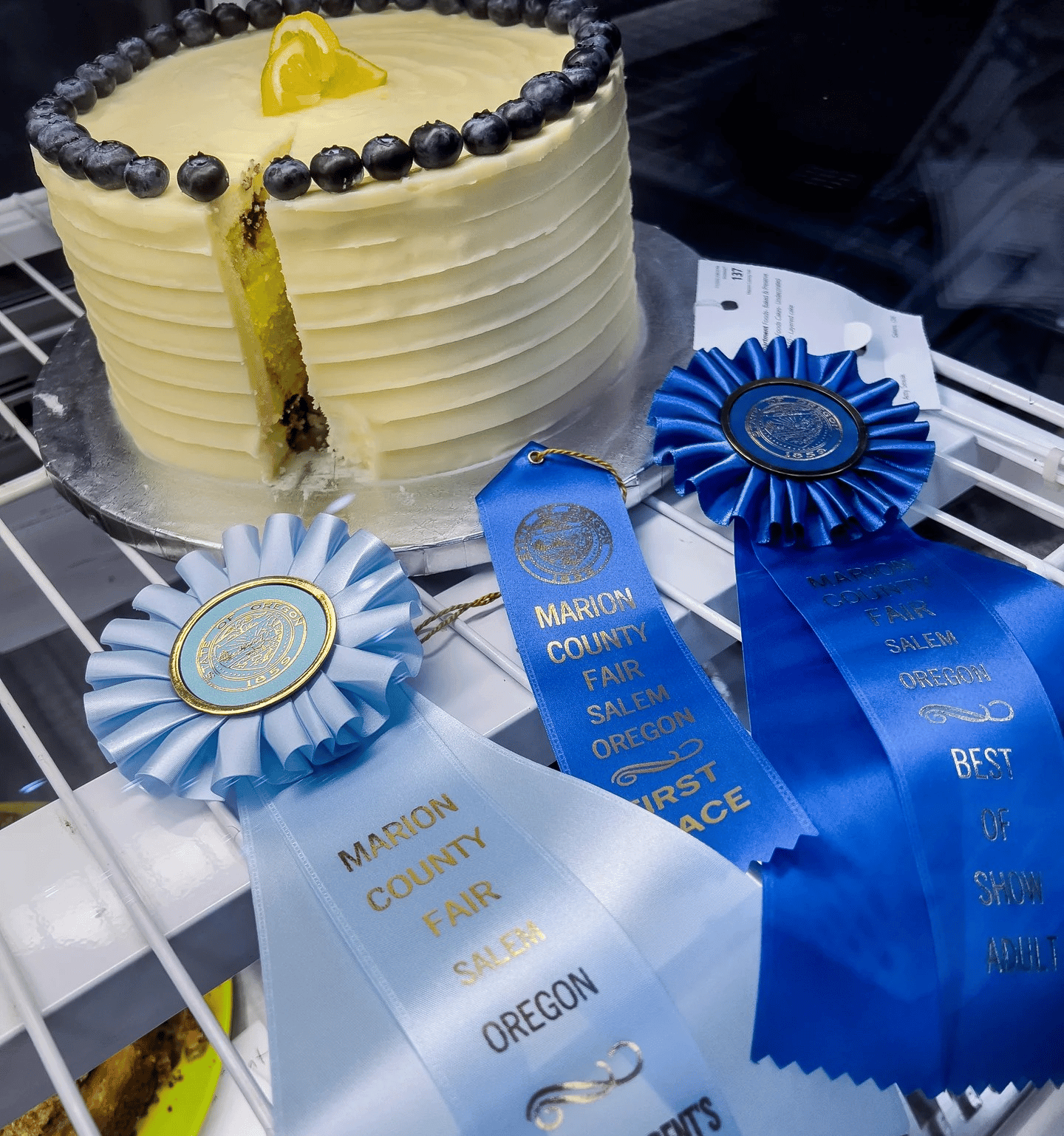 Homemade blueberry lemon cake wins Blue Ribbon award at local county fair.