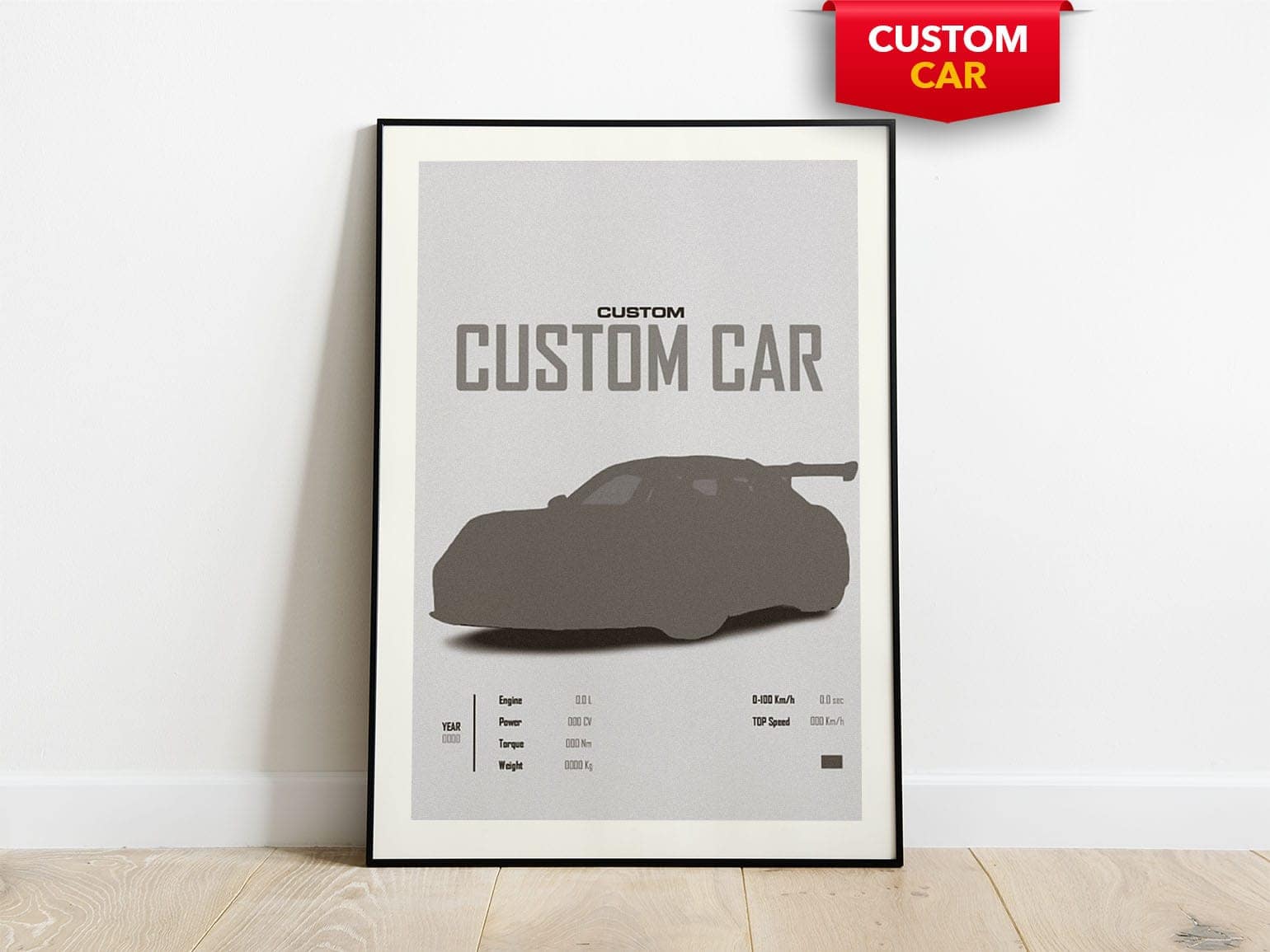 First gallery image for the custom car poster, showing a placeholder vehicle silhouette and specification layout