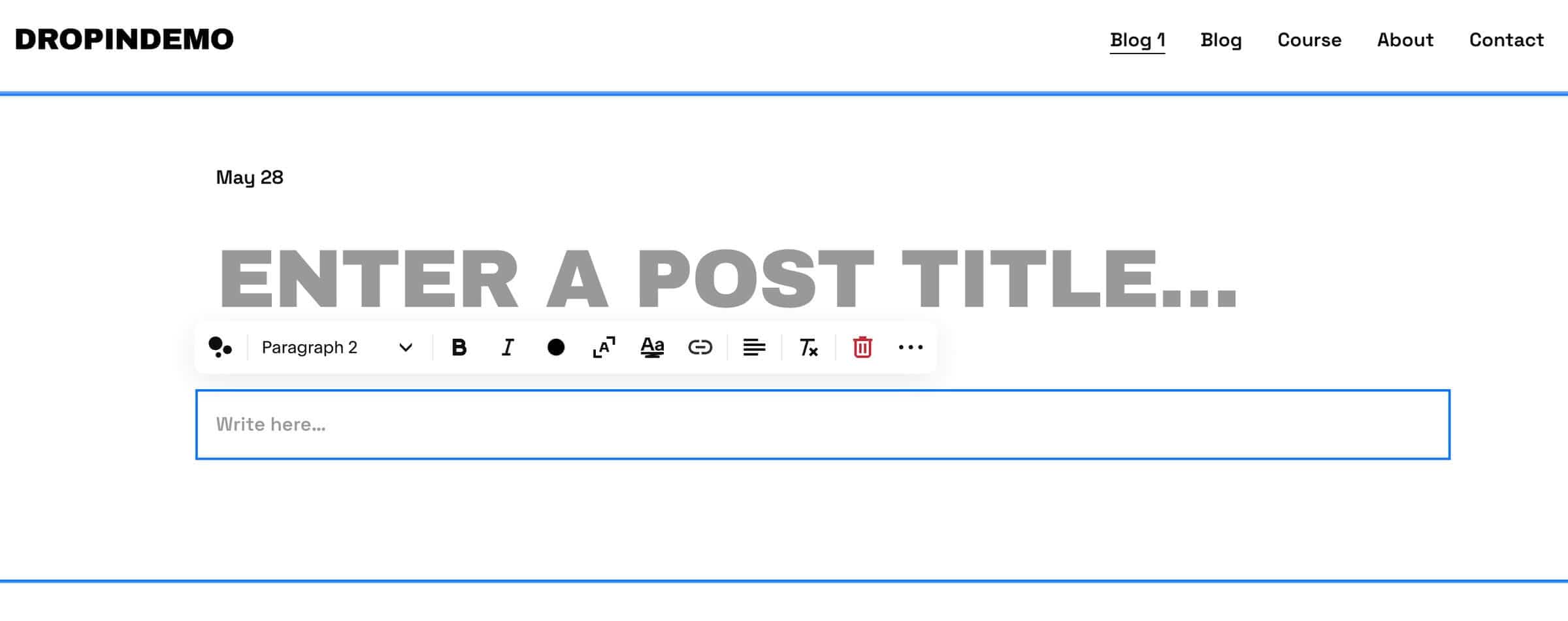 Squarespace's native bog: content editing area