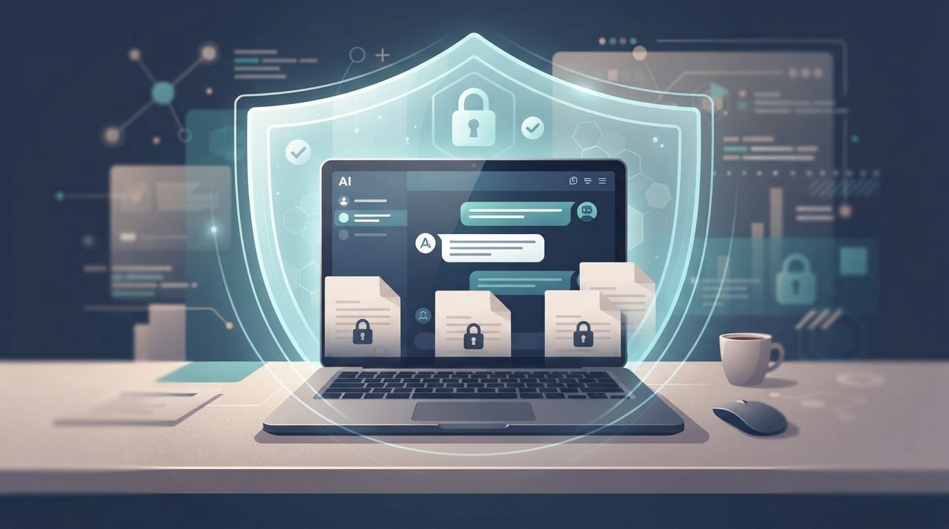 Illustration of a laptop running an AI chat tool protected by a security shield keeping company documents safe