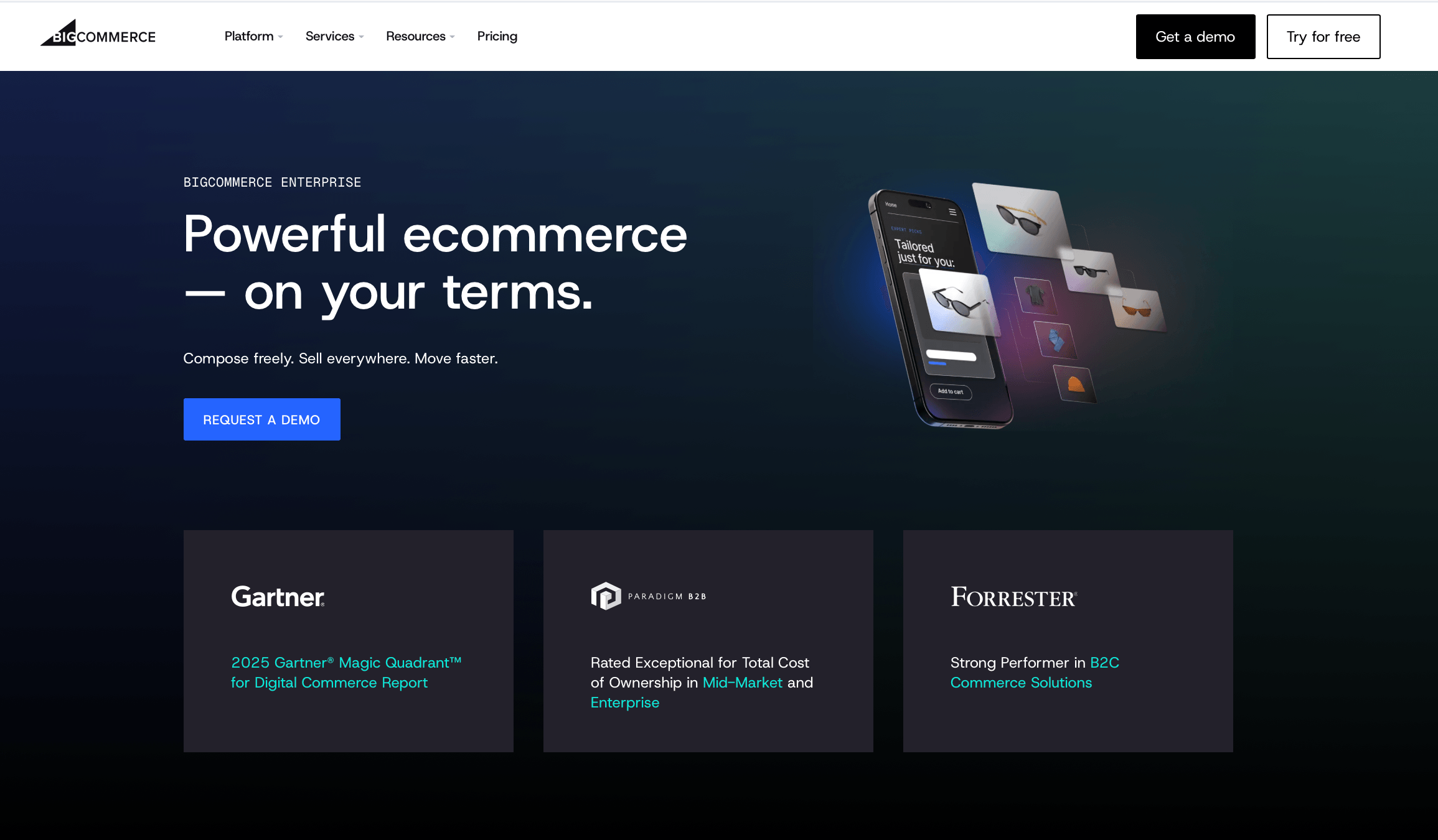 A screenshot of the BigCommerce homepage