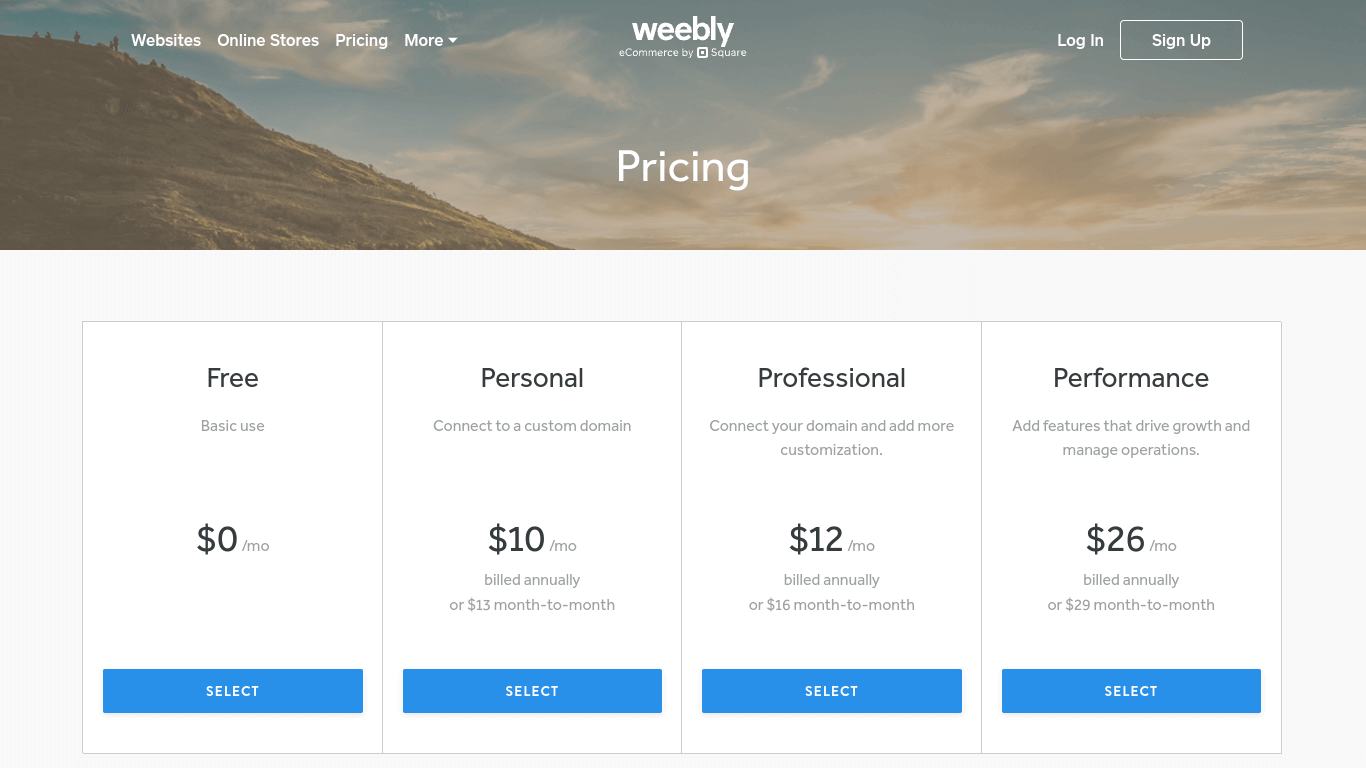 Weebly vs Yola: Weebly pricing