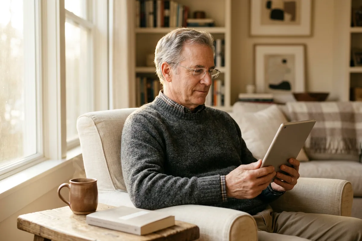 Man in his late fifties reading on a tablet in an armchair by the window