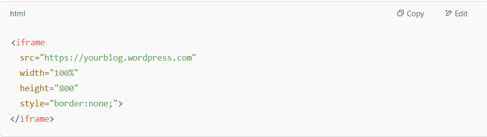 Example iframe code for embedding WordPress to an HTML site